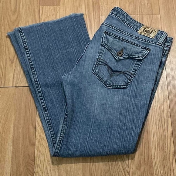 lei Denim - LEI Jeans Women Bootcut 11 (34x28) Raw Hem Medium Blue Back Flap Pockets Western